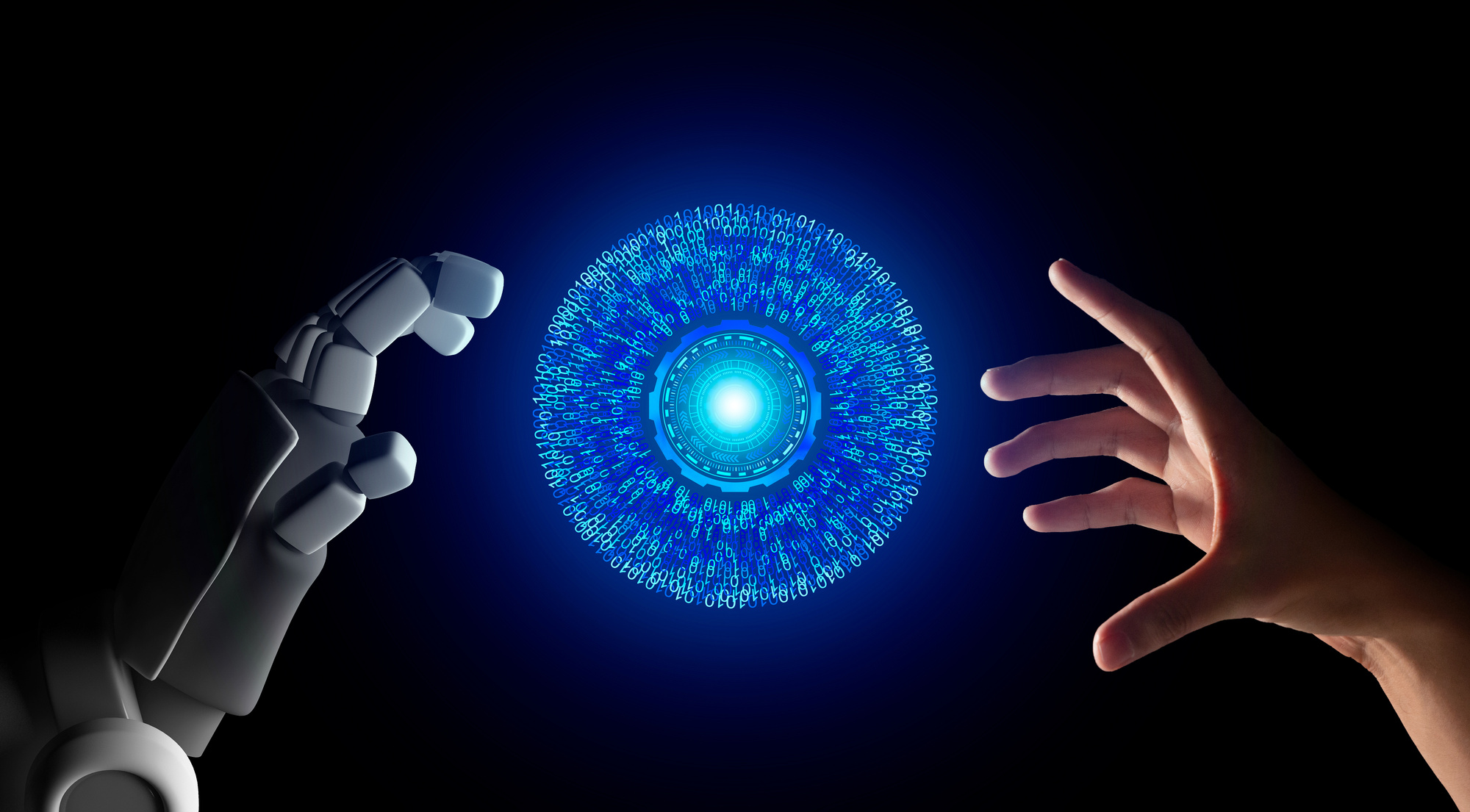 Human hand and robot hand with HUD circle interface and binary number code on black screen background, artificial intelligence, AI, in futuristic digital technology concept, 3d illustration