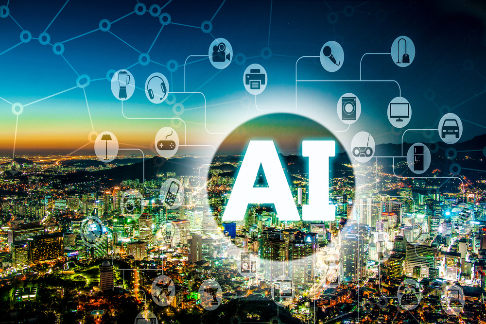 AI or Artificial Intelligence concept with Modern Urban City At Night